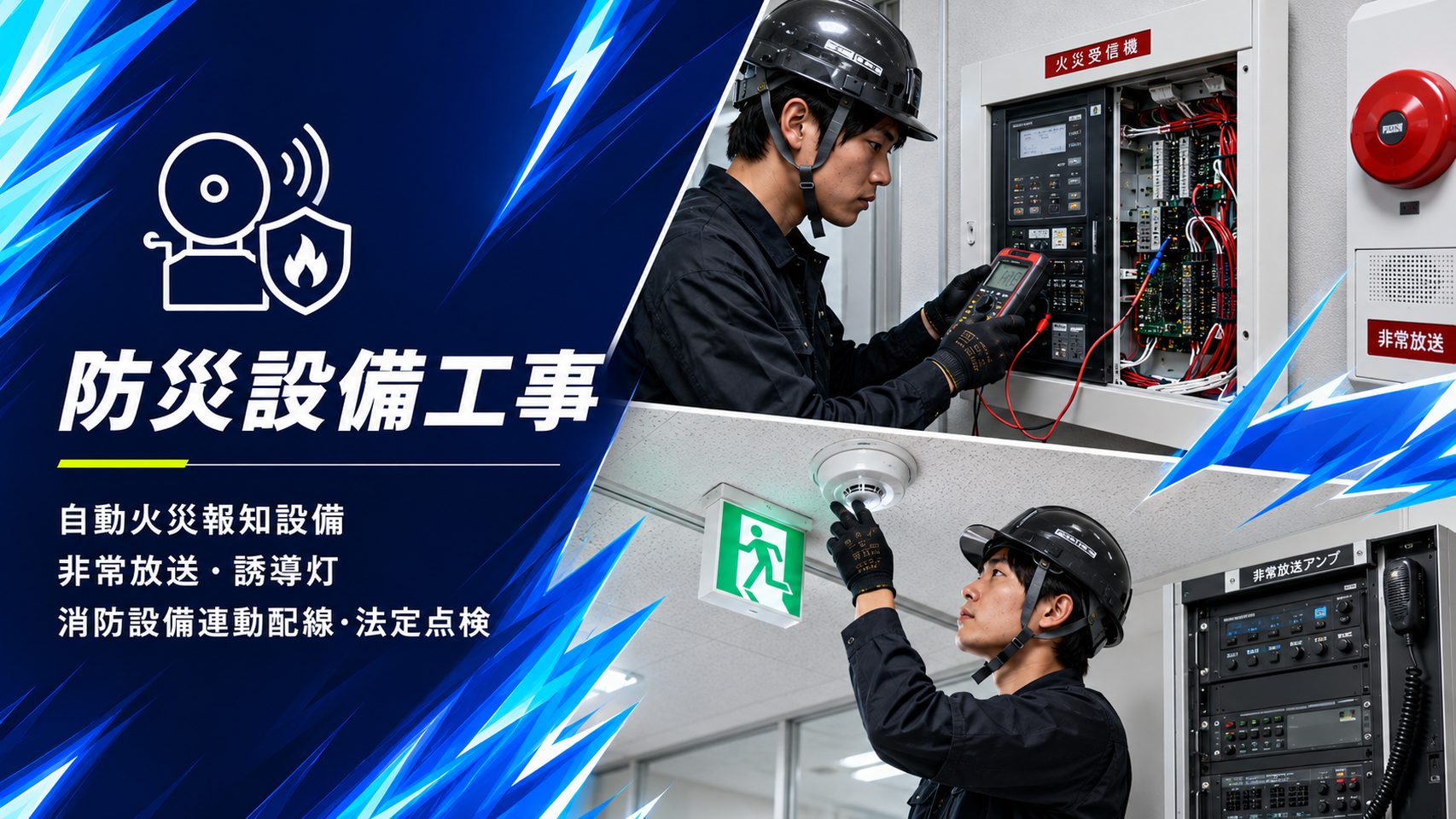 自動火災報知設備の受信機点検と煙感知器・誘導灯・非常放送アンプの設置作業