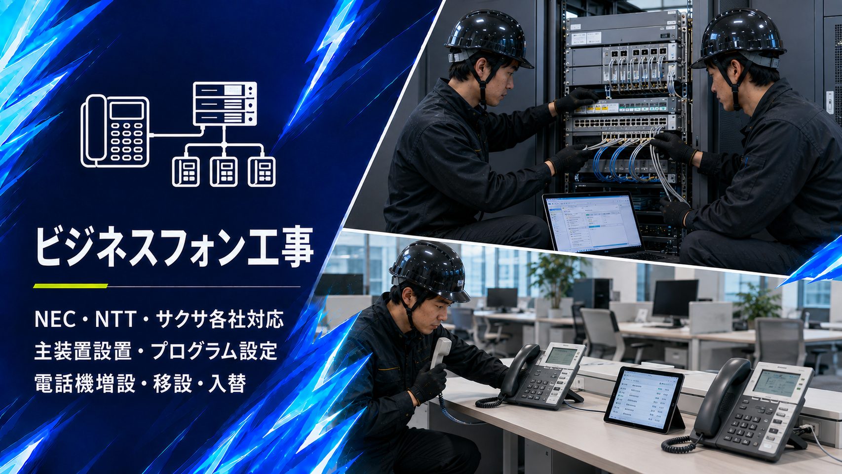 ビジネスフォンの主装置設置とオフィスでの多機能電話機のプログラム設定作業