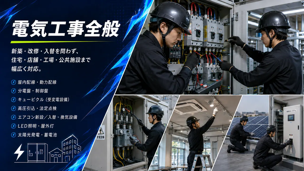 分電盤、受変電設備、照明、太陽光発電設備に対応する電気工事全般の作業風景