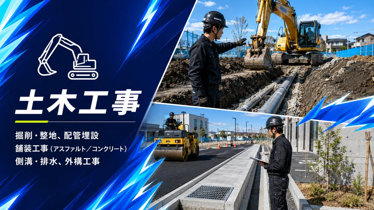 バックホウによる掘削と配管埋設、ローラーによるアスファルト舗装を行う土木工事の現場