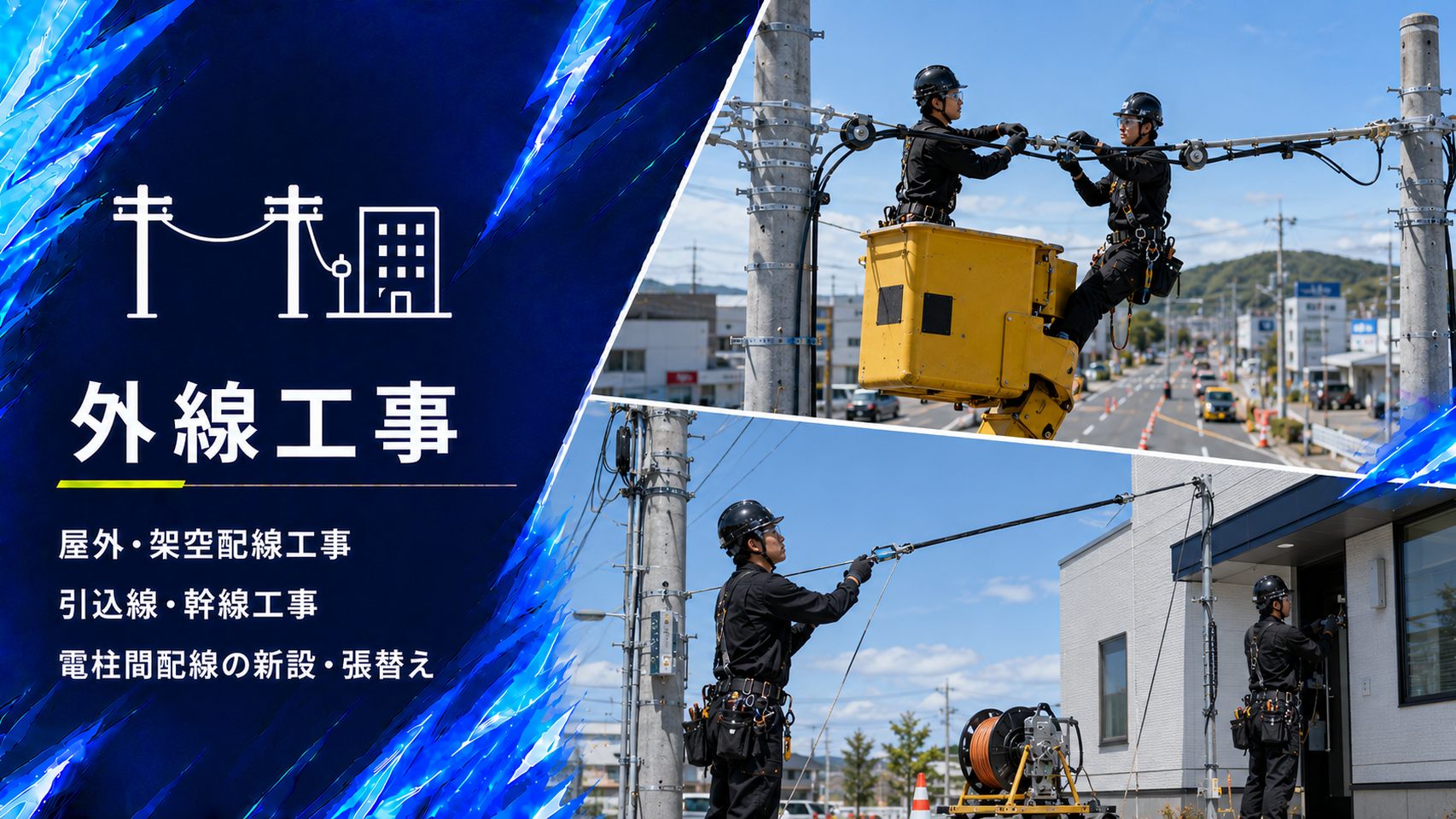 高所作業車と電柱を使った屋外架空配線工事および建物への引込線工事の作業風景