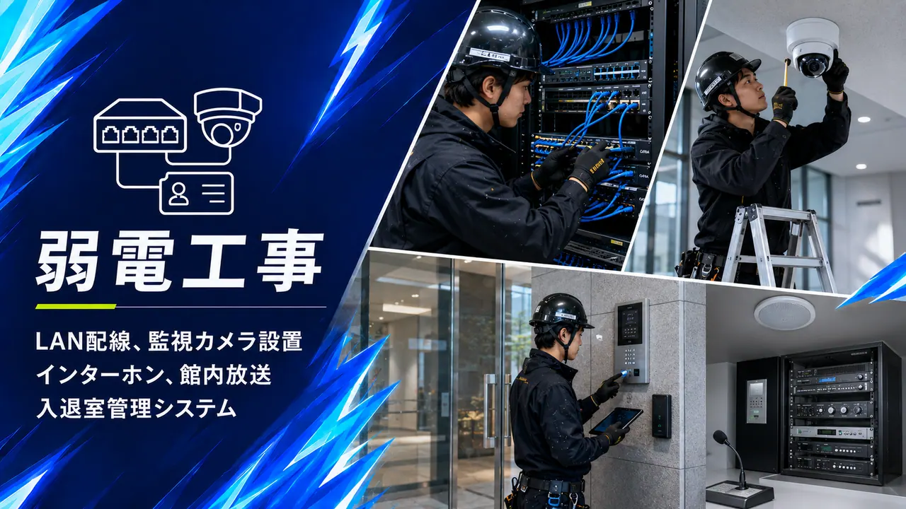 サーバーラックへのLAN配線と防犯・ネットワークカメラ設置を行う弱電工事の作業風景