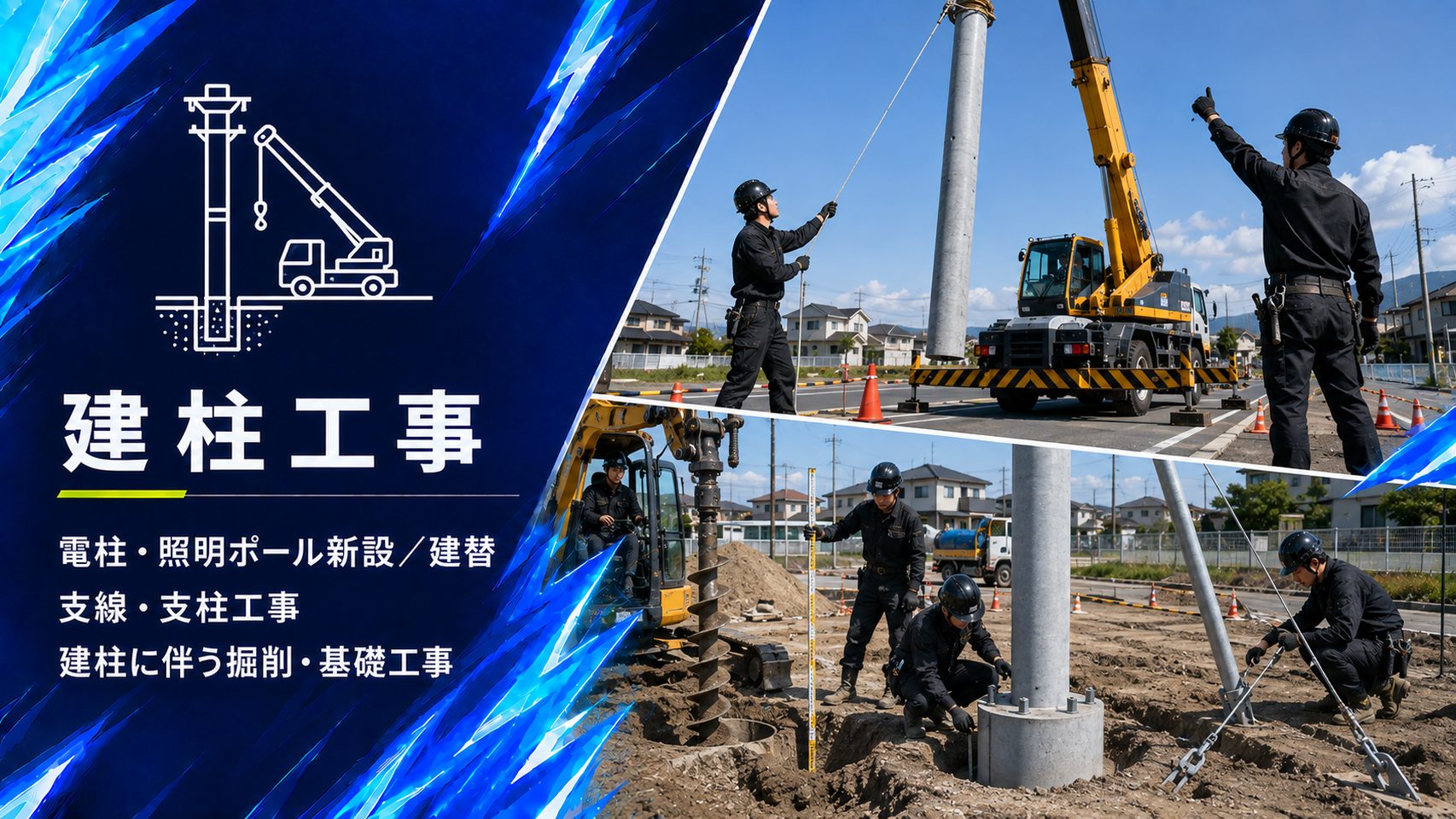 クレーンとアースオーガによるコンクリート柱の建柱工事および基礎の掘削作業