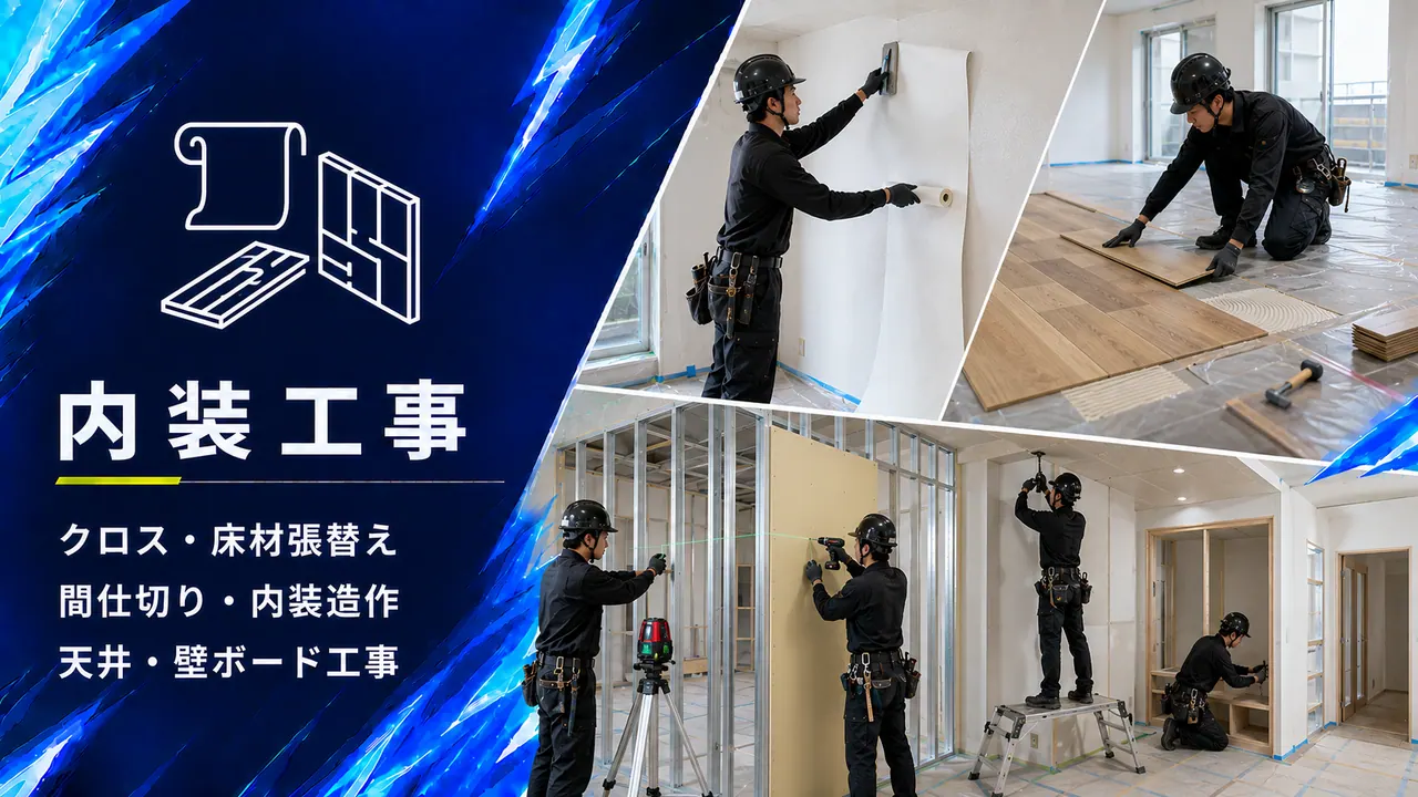 クロス貼りと床材の張替え、軽量鉄骨下地による間仕切りと天井ボード施工の内装工事