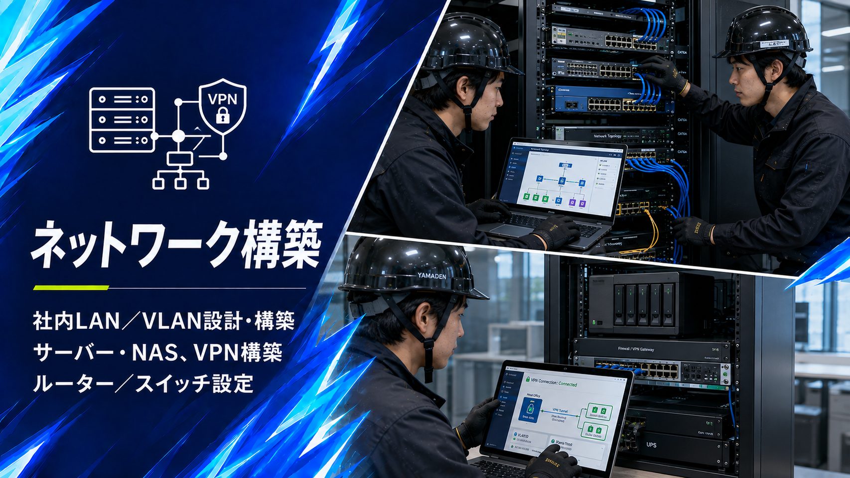 スイッチングハブとNASを収めたラックでVLAN設計とVPN構築を行うネットワーク構築作業