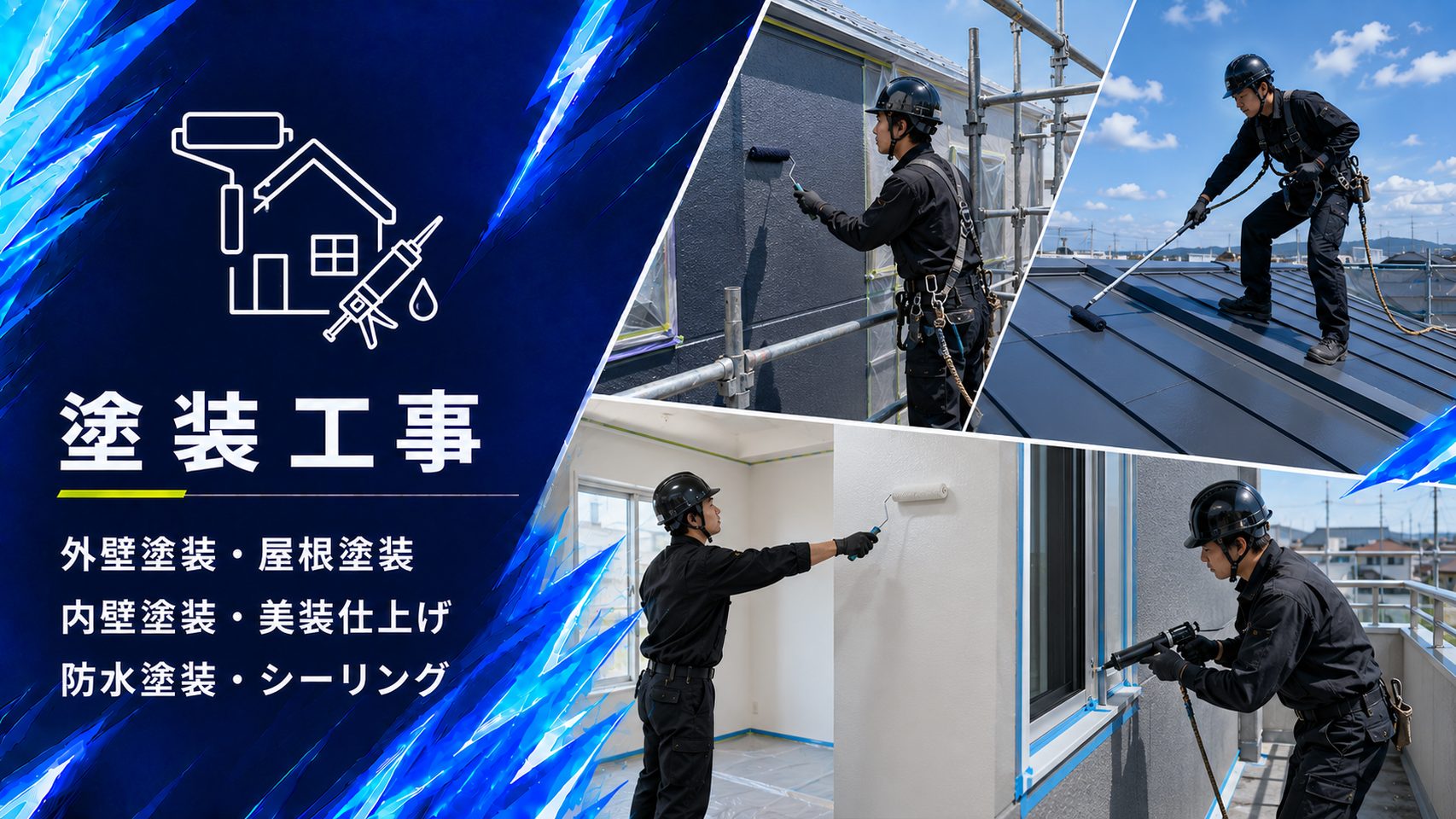 足場を組んだ外壁塗装と屋根塗装、室内の内壁ローラー塗装とシーリング作業